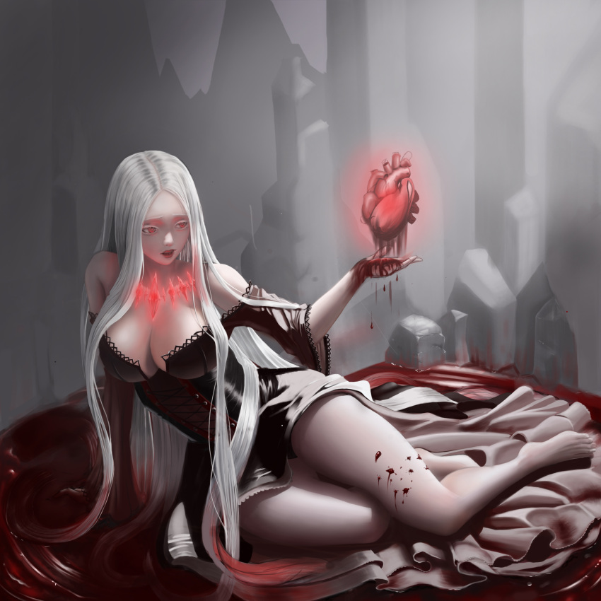1girl absurdres bare_shoulders barefoot blood bloody_hair bloody_hands breasts collarbone crack dripping floating glowing heart_(organ) highres large_breasts long_hair off_shoulder original parted_lips pmy00 pool_of_blood puddle red_eyes red_lips rock solo teeth upper_teeth vampire very_long_hair white_hair