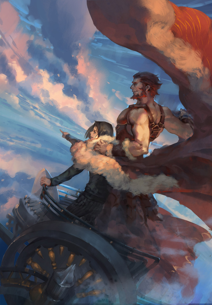 111111111_(leiyao) 2boys armor beard black_hair cape_removed chariot facial_hair fate/zero fate_(series) gordius_wheel_(fate) highres iskandar_(fate) leather_armor male_focus multiple_boys pointing realistic red_hair size_difference sky waver_velvet