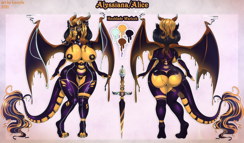 alyssiana anthro big_breasts black_body black_scales blonde_hair breasts claws digital_media_(artwork) dragon english_text female gold_scales hair leonifa looking_at_viewer markings model_sheet nipples non-mammal_breasts nude purple_eyes reptile scales scalie simple_background smile solo text