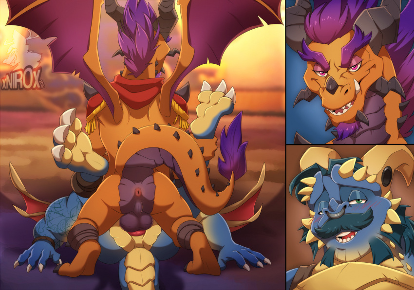 anal anal_penetration anthro anus backsack balls blush butt conditional_dnp dragon duo gavin_(spyro) genitals looking_at_viewer male male/male male_penetrated male_penetrating male_penetrating_male mating_press penetration penis sex titan_(spyro) wings xnirox