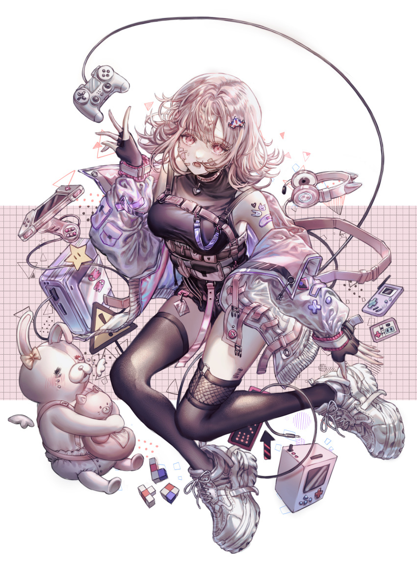 1girl absurdres alternate_costume animal_bag arrow_(symbol) backpack bag bandaid bandaid_on_arm bandaid_on_cheek bandaid_on_face bangs black_gloves black_legwear breasts cat_bag cat_ear_headphones choker clothing_request commentary_request controller cyberpunk danganronpa_(series) danganronpa_2:_goodbye_despair diaper ear_bow fingerless_gloves fishnet_legwear fishnets full_body game_boy game_console game_controller gloves grey_jacket hair_ornament hairclip hand_up handheld_game_console headphones headphones_removed heart heart_choker heart_tattoo highres hood ind_(121) jacket light_brown_hair long_sleeves looking_at_viewer medium_breasts mismatched_legwear monomi_(danganronpa) nanami_chiaki off_shoulder open_mouth pink_hair revision shoes short_hair shorts shoulder_tattoo sneakers solo tattoo tetris thighhighs white_footwear