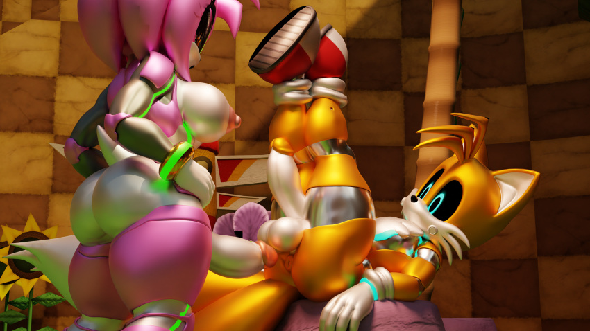 3d_(artwork) absurd_res alternate_form amy_rose android anthro anus balls black_sclera blender_(software) blue_eyes breasts butt canid canine crossgender digital_media_(artwork) duo eulipotyphlan fox ftg_crossgender fti_crossgender genitals green_hill_zone gynomorph gynomorph/male hedgehog hi_res imminent_anal intersex intersex/male legs_up machine male mammal metal_amy metal_tails metallic_body miles_prower multi_tail nipples outside penis presenting presenting_anus robot sonic_the_hedgehog_(series) twintails3d