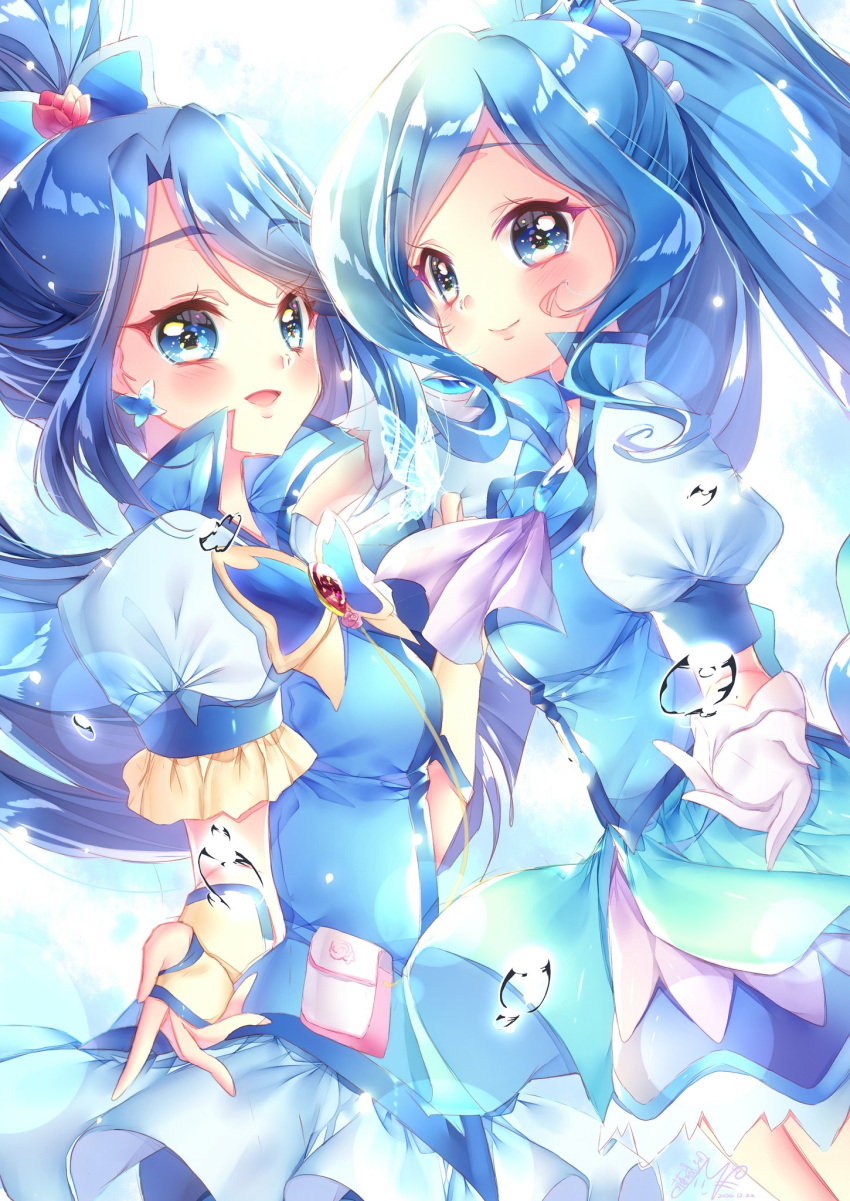 2girls :d artist_request bangs blue_choker blue_eyes blue_hair blue_shirt blue_skirt blush bug butterfly choker color_connection crossover cure_aqua cure_fontaine detached_sleeves dress earrings eyelashes fingerless_gloves flower gloves hair_flower hair_ornament happy healin'_good_precure high_ponytail highres insect jewelry layered_dress long_hair looking_at_viewer magical_girl minazuki_karen multiple_girls open_mouth parted_bangs pink_flower pleated_skirt ponytail precure puffy_short_sleeves puffy_sleeves sawaizumi_chiyu shirt short_dress short_sleeves skirt smile source_request standing very_long_hair vest white_gloves yes!_precure_5 yes!_precure_5_gogo!