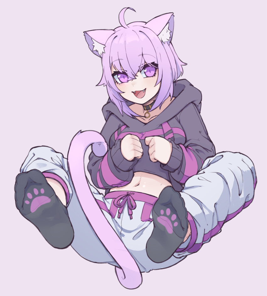 1girl animal_ear_fluff animal_ears black_collar breasts cat_ears cat_girl collar collarbone cowlick english_commentary english_flag fangs feet highres hololive hood hoodie k-rha's looking_to_the_side medium_breasts navel nekomata_okayu open_mouth pants paw_print purple_background purple_hair reward_available short_hair smile socks soles solo sweatpants virtual_youtuber