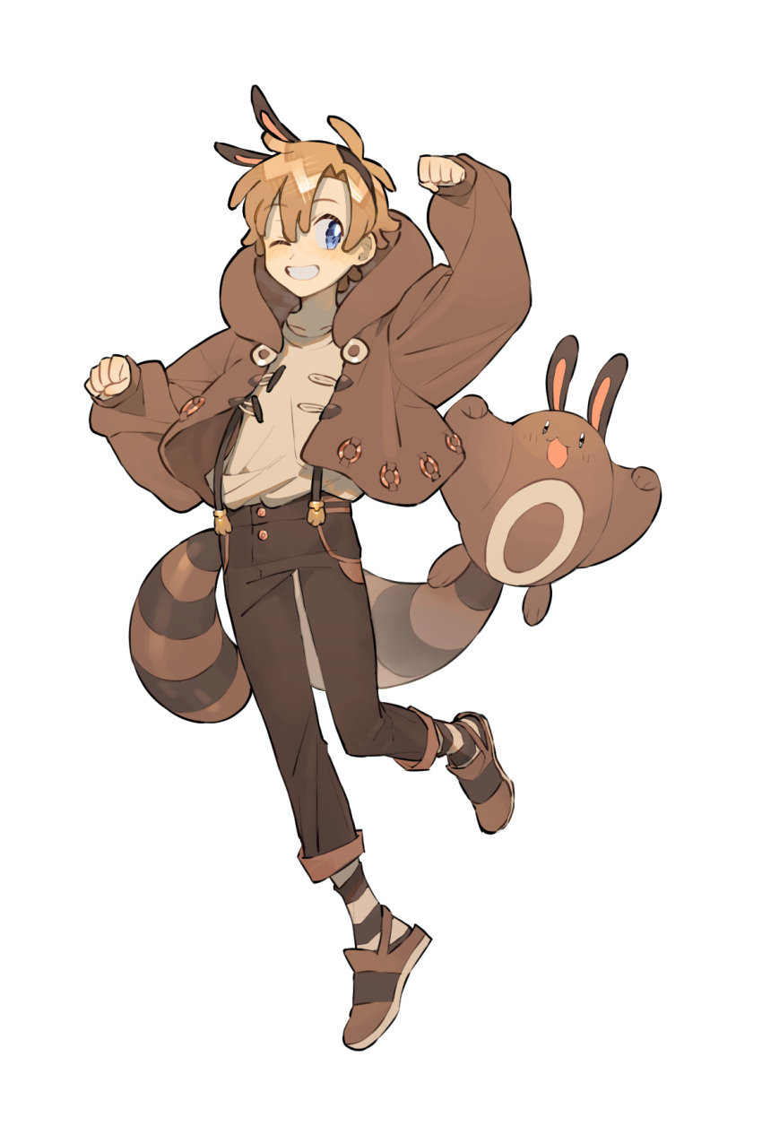 1boy bangs blush brown_footwear brown_hair brown_pants clenched_hands collarbone commentary_request creature_and_personification full_body gen_2_pokemon grey_eyes grin hair_between_eyes highres hood hood_down hooded_jacket jacket male_focus one_eye_closed pants paw_pose pokemon rata_(m40929) sentret shirt shoes smile suspenders