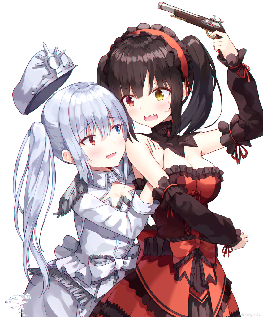 2girls antique_firearm arm_up bangs bare_shoulders black_hair blue_eyes blush breasts cleavage clock_eyes commentary covered_collarbone cowboy_shot date_a_live date_a_live:_date_a_bullet detached_sleeves dress firearm floating_hat gun hairband handgun hat heterochromia highres holding holding_gun holding_weapon large_breasts lolita_fashion lolita_hairband long_hair long_sleeves looking_at_another medium_breasts multiple_girls open_mouth pistol ramyun_sari red_dress red_eyes red_ribbon revision ribbon simple_background smile sweatdrop symbol-shaped_pupils tokisaki_kurumi twintails upper_teeth weapon white_background white_queen_(date_a_live) yellow_eyes