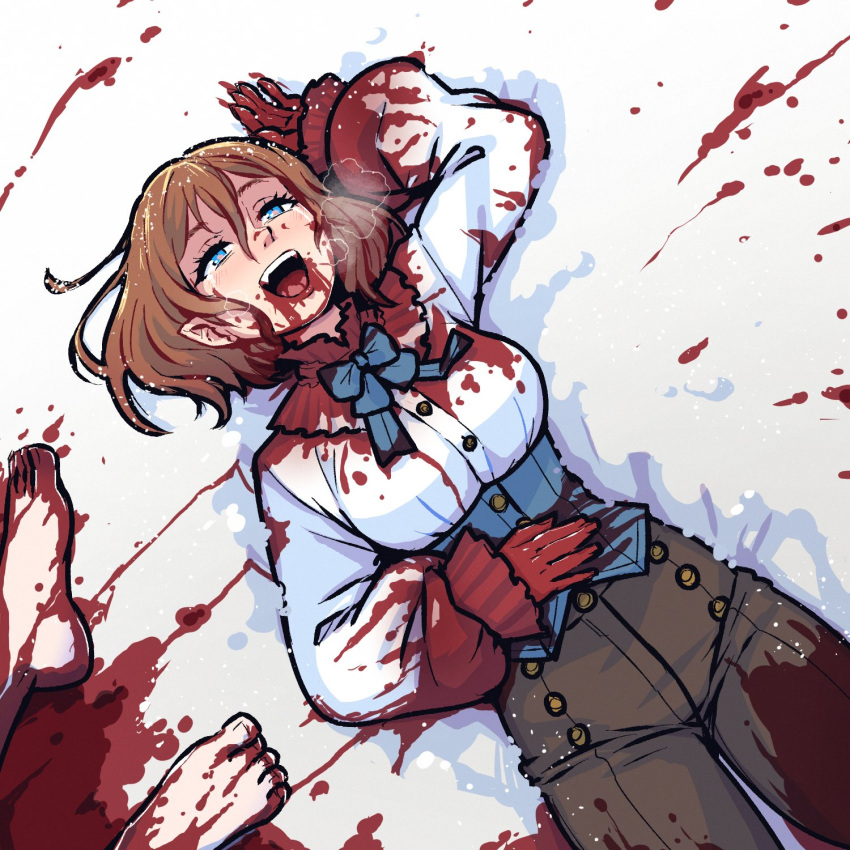 1girl 1other akairiot blood bloody_clothes bloody_hair bloody_hands blue_bow blue_eyes blush bow bowtie breasts brown_pants buttons corset crying detached_collar english_commentary fangs feet hand_on_own_stomach happy_tears heavy_breathing highres large_breasts lying murder nose_blush on_back open_mouth original pants pointy_ears shirt short_hair snow solo_focus streaming_tears tears upper_teeth vampire white_shirt