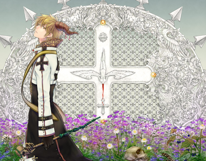 1boy angel archbishop_(ragnarok_online) bangs black_coat black_gloves blonde_hair blood carving closed_mouth coat commentary_request cross feathered_wings feet_out_of_frame flower gloves head_tilt holding holding_staff horns long_sleeves looking_at_viewer looking_to_the_side male_focus pants purple_flower ragnarok_online retgra short_hair skeleton skull solo staff standing two-tone_coat white_coat white_flower white_pants wings yellow_eyes