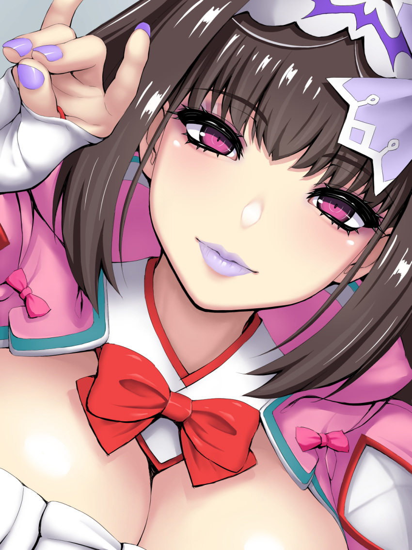 1girl bangs bow breasts brown_hair cleavage close-up detached_collar eyebrows_visible_through_hair eyeshadow fate/grand_order fate_(series) fox_shadow_puppet hairband highres large_breasts light_smile lipstick makeup nail_polish osakabe-hime_(fate) pink_eyes pink_eyeshadow purple_lips purple_nails red_bow sleeves_past_wrists solo terumin_(yuganda_sebone)