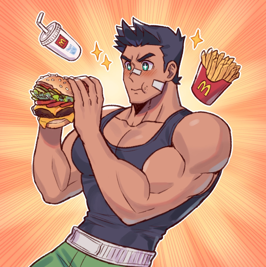 1boy bandaid bandaid_on_cheek bandaid_on_nose bara bare_shoulders biceps black_tank_top blush cowboy_shot eating food french_fries green_pants hamburger highres holding holding_food large_pectorals little_mac male_cleavage male_focus mcdonald's muscular muscular_male oneirio pants punch-out!! short_hair solo sparkle sparkling_eyes super_smash_bros. tank_top
