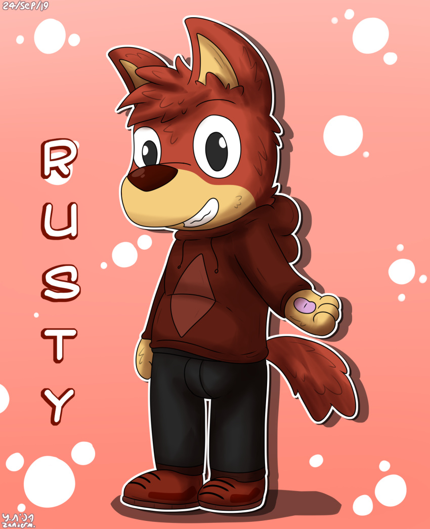 &diams; anthro bluey_(show) bottomwear canid canine canis clothed clothing denim denim_clothing domestic_dog footwear fur grey_jeans hi_res hoodie jeans kelpie male mammal pants red_body red_clothing red_footwear red_fur red_hoodie red_shoes red_topwear rusty_(bluey) shoes smile solo suit_symbol tan_body tan_fur topwear zandermanith