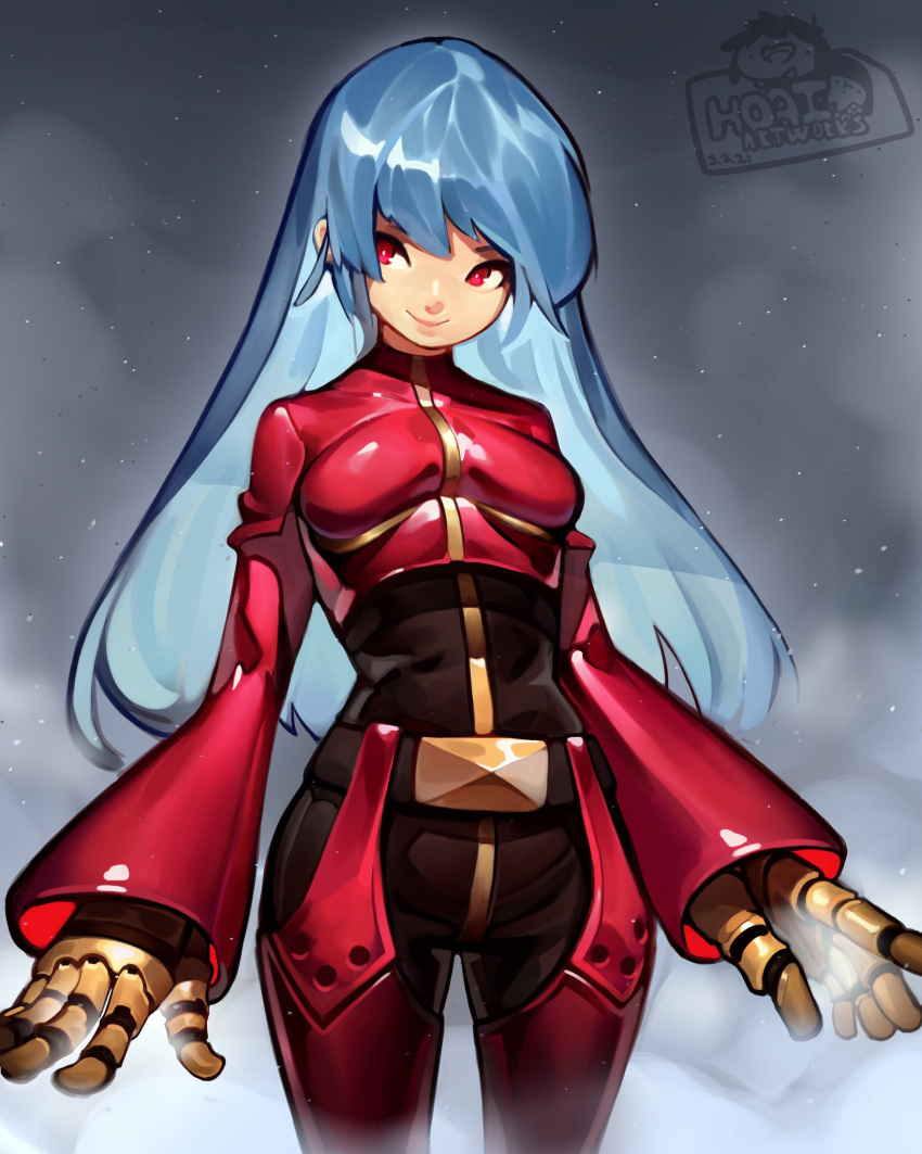 1girl bangs belt blue_hair blush bodysuit breasts chaps cropped_jacket cryokinesis gloves highres hoai_vu jacket kula_diamond long_hair looking_at_viewer medium_breasts purple_eyes red_eyes simple_background smile solo the_king_of_fighters the_king_of_fighters_2000 zipper