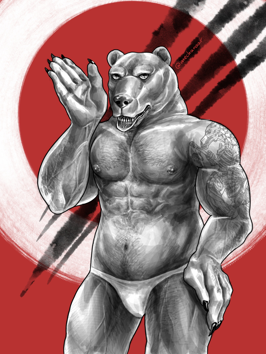 4_pecs abs absurd_res anthro black_and_white black_and_white_and_red body_hair chest_hair claws clothing daddy_kink digital_drawing_(artwork) digital_media_(artwork) digital_painting_(artwork) flirting_with_viewer hairy_arms hi_res kumamoto_(character) male mammal mecharoar monochrome moobs multi_pecs muscular muscular_anthro muscular_male pecs pubes simple_background solo speedo swimwear tattoo teeth_showing ursid vein veiny_arms watermark
