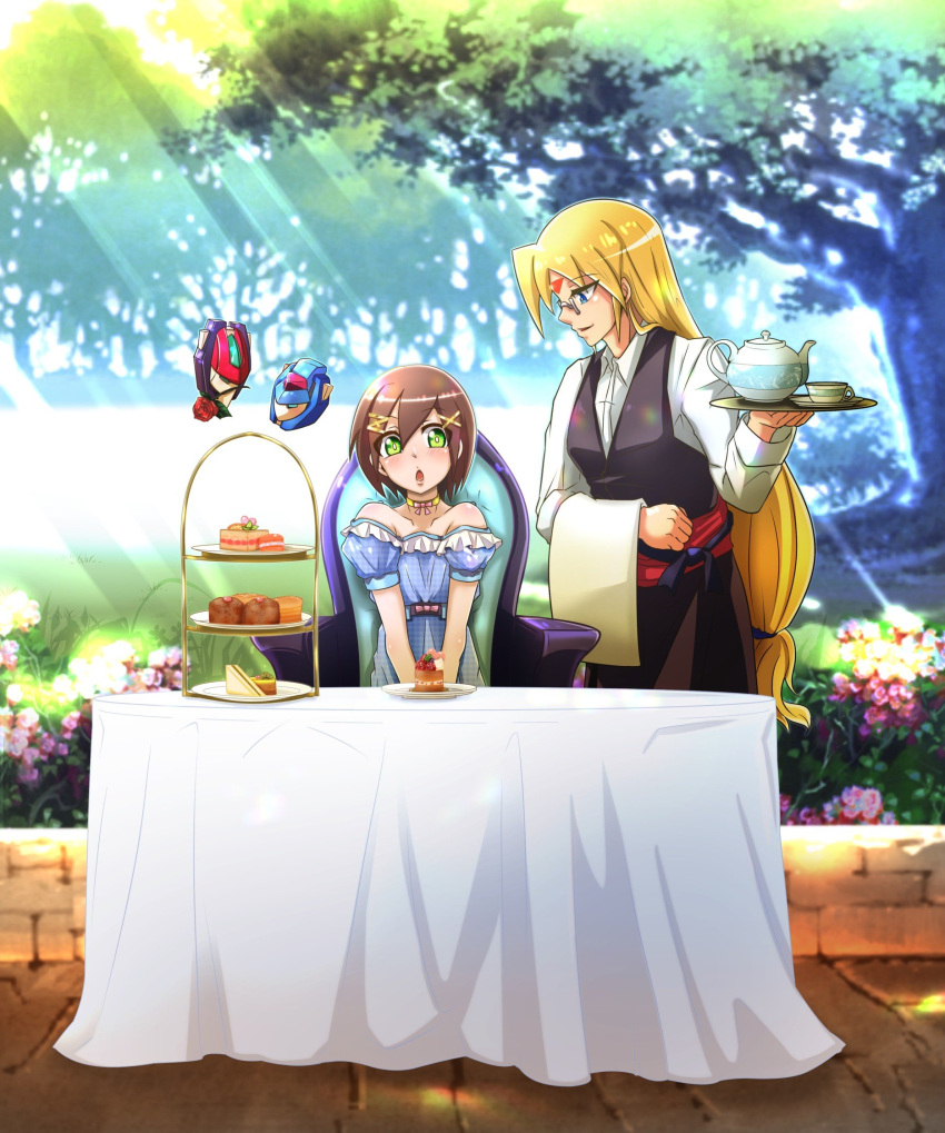 1boy 1girl aile_(rockman) blonde_hair blue_eyes brown_hair choker dress flower food girouette glasses green_eyes hair_ornament hairclip highres model_x model_z open_mouth rockman rockman_zx sandwich short_hair smile table teapot tree