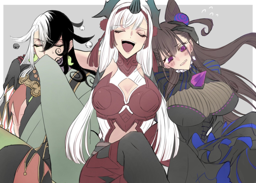 1boy 2girls @_@ amethyst_(gemstone) androgynous armor armored_dress ashiya_douman_(fate) asymmetrical_clothes asymmetrical_hair bell black_dress black_gloves black_hair border breasts closed_eyes clothing_cutout commentary_request corset curly_hair detached_sleeves double_bun dress earrings embarrassed fate/grand_order fate_(series) feathers gloves green_kimono grey_background hadanugi_dousa hair_bell hair_between_eyes hair_cones hair_intakes hair_ornament highres japanese_clothes jewelry juliet_sleeves kiichi_hougen_(fate) kimono large_breasts long_hair long_sleeves magatama magatama_earrings multicolored_hair multiple_girls murasaki_shikibu_(fate) navel_cutout nervous ojou-sama_pose onmyouji open_clothes open_kimono puff_and_slash_sleeves puffy_sleeves purple_eyes raikoko19 red_armor ribbed_sleeves single_detached_sleeve small_breasts smug sweat tassel toned toned_male two-tone_hair very_long_fingernails very_long_hair wavy_mouth white_border white_hair wide_sleeves