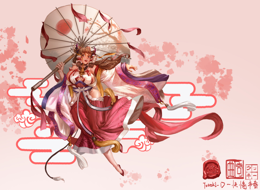 1girl absurdres alternate_costume bangs breasts brown_eyes brown_hair clothing_cutout cloud commentary_request cookie_(touhou) detached_sleeves full_body hair_tubes hakurei_reimu highres holding holding_umbrella horns huge_breasts japanese_clothes kanna_(cookie) long_hair looking_to_the_side oil-paper_umbrella open_mouth pink_background print_umbrella red_footwear red_skirt seal_impression shoes skirt solo tabard tassel tomovan touhou umbrella wax_seal white_sleeves wide_sleeves