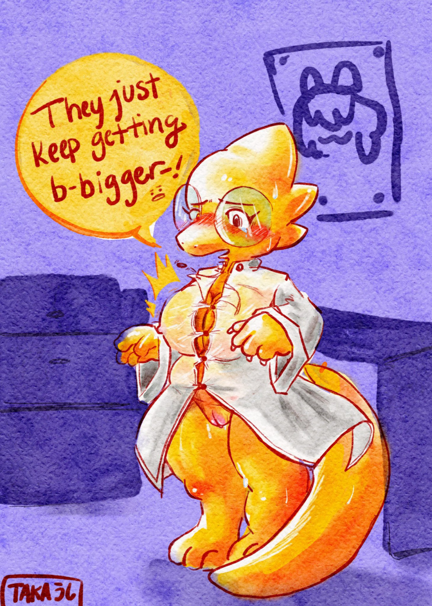 alphys anthro barefoot belly big_breasts blush bodily_fluids breast_expansion breasts buckteeth button_pop chubby_anthro chubby_female clitoris clothed clothing coat detailed_background dialogue distressed english_text expansion eyewear female front_view frown genital_fluids genitals glasses hi_res ineffective_clothing inside japanese_text lab_coat lizard nipple_outline nipples non-mammal_breasts non-mammal_nipples open_frown open_mouth partially_clothed poster pussy pussy_juice reptile scalie short_stack signature slightly_chubby solo speech_bubble standing straining_buttons stuttering sweat takaushi tears teeth text thick_tail thick_thighs three-quarter_view tight_coat topwear translucent translucent_clothing undertale video_games wide_hips