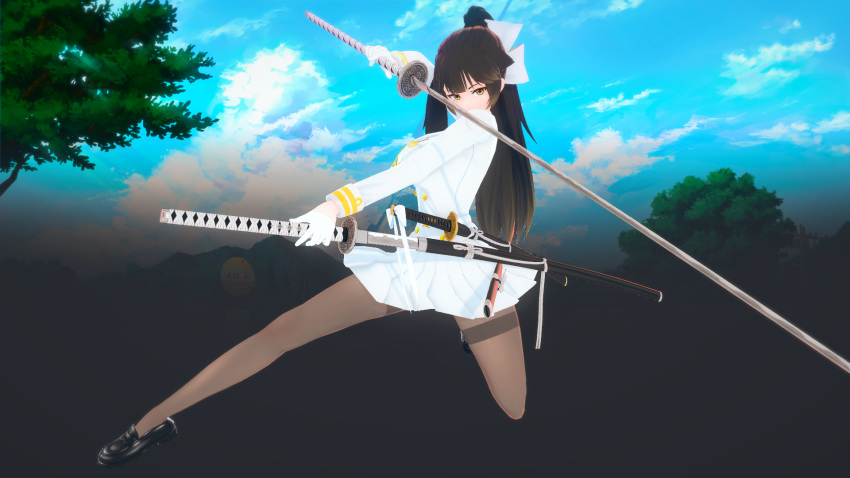 1girl 3d artist_request azur_lane black_hair breasts eyebrows eyelashes gloves highres holding holding_sword holding_weapon illusion jacket koikatu large_breasts long_hair pantyhose ponytail self_upload shirt shoes sky solo source_request sword takao_(azur_lane) weapon white_gloves white_shirt