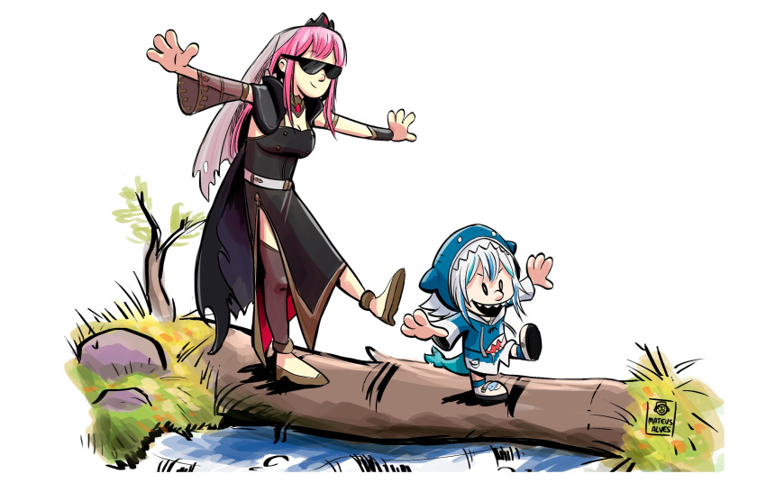 2girls animal_hood artist_name asymmetrical_legwear balancing bill_watterson_(style) black_cape black_dress blue_hair calvin_&amp;_hobbes cape commentary detached_sleeves dress english_commentary fish_tail gawr_gura grass highres hololive hololive_english hood log long_hair long_sleeves mateus_alves medium_hair mori_calliope multicolored_hair multiple_girls open_mouth outstretched_arms parody pink_hair shark_hood shark_tail sharp_teeth signature silver_hair simple_background single_sleeve smile stone streaked_hair style_parody sunglasses tail teeth tiara torn_cape torn_clothes torn_veil veil walking water_stream watermark white_background