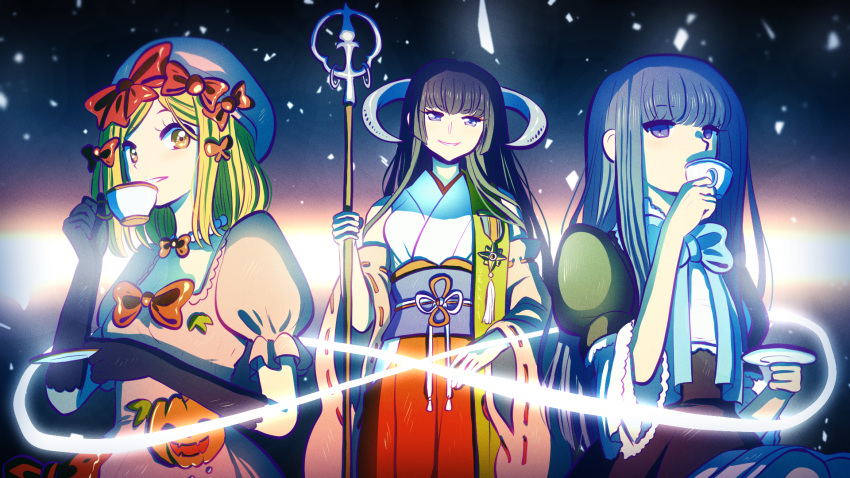 3girls black_hair blonde_hair blue_hair crystal cup drinking featherine_augustus_aurora frederica_bernkastel highres higurashi_no_naku_koro_ni horns kakera lambdadelta logo long_hair multiple_girls pink_headwear purple_eyes ribbon short_hair smile teacup umineko_no_naku_koro_ni velkia yellow_eyes