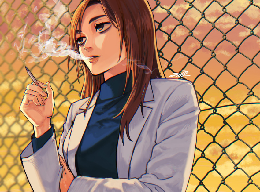 1000_(user_1527793) 1girl bangs blue_shirt breasts brown_eyes brown_hair chain-link_fence cigarette cloud cloudy_sky coat commentary dusk eyelashes eyeshadow fence highres holding holding_cigarette ieiri_shoko jujutsu_kaisen labcoat lips long_hair long_sleeves makeup medium_breasts mole mole_under_eye open_clothes open_coat orange_sky outdoors parted_bangs parted_lips shirt signature sky smoking solo straight_hair symbol_commentary turtleneck upper_body white_coat