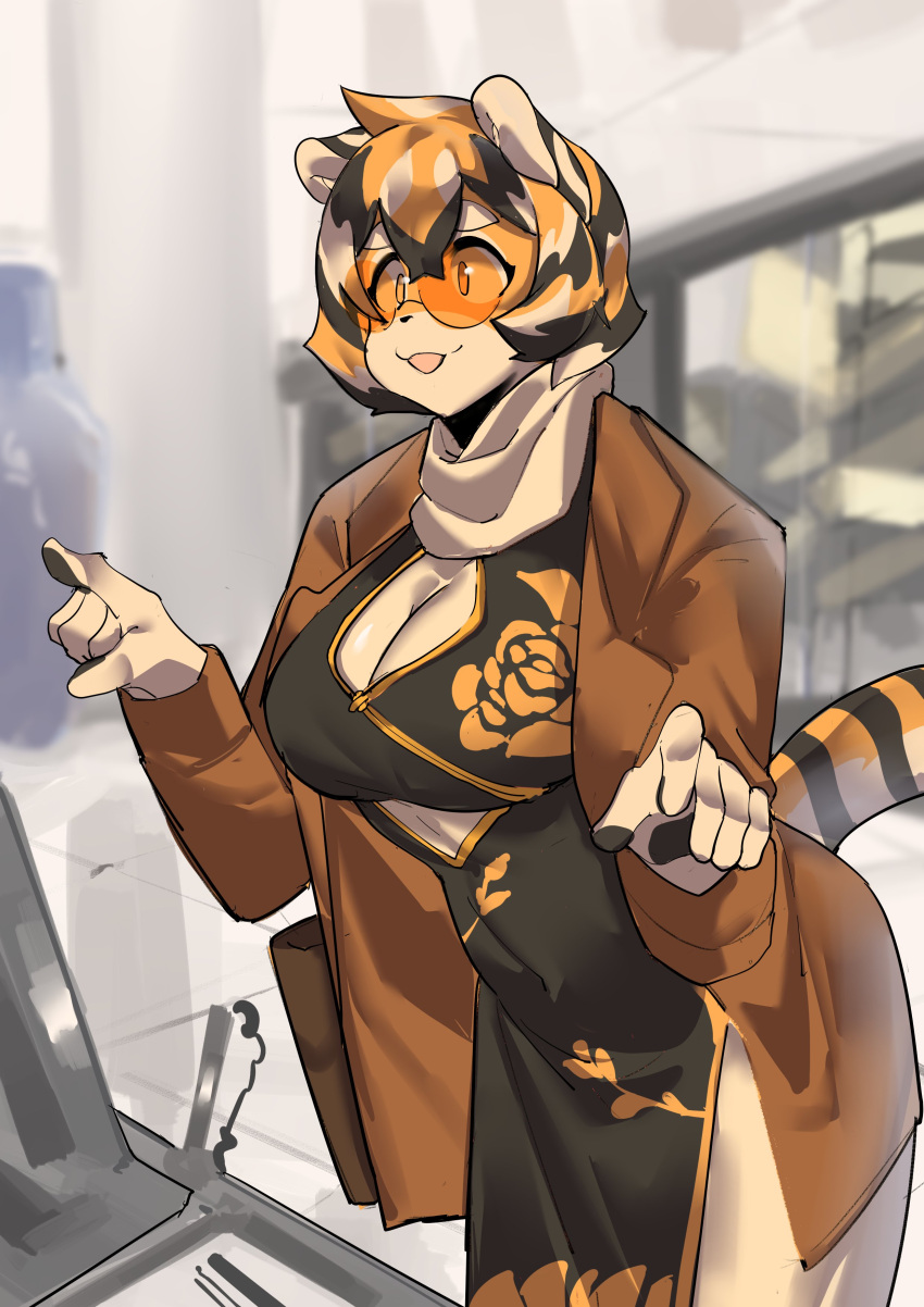 absurd_res anthro arknights asian_clothing aspirindabaitu black_body black_fur black_hair black_nose breasts chinese_clothing chinese_dress cleavage clothed clothing dress east_asian_clothing eyewear felid female fingers fur glasses hair hi_res mammal multicolored_body multicolored_fur multicolored_hair open_mouth orange_body orange_fur orange_hair pantherine portrait scarf shopping short-hait solo three-quarter_portrait tiger video_games waaifu white_body white_fur white_hair