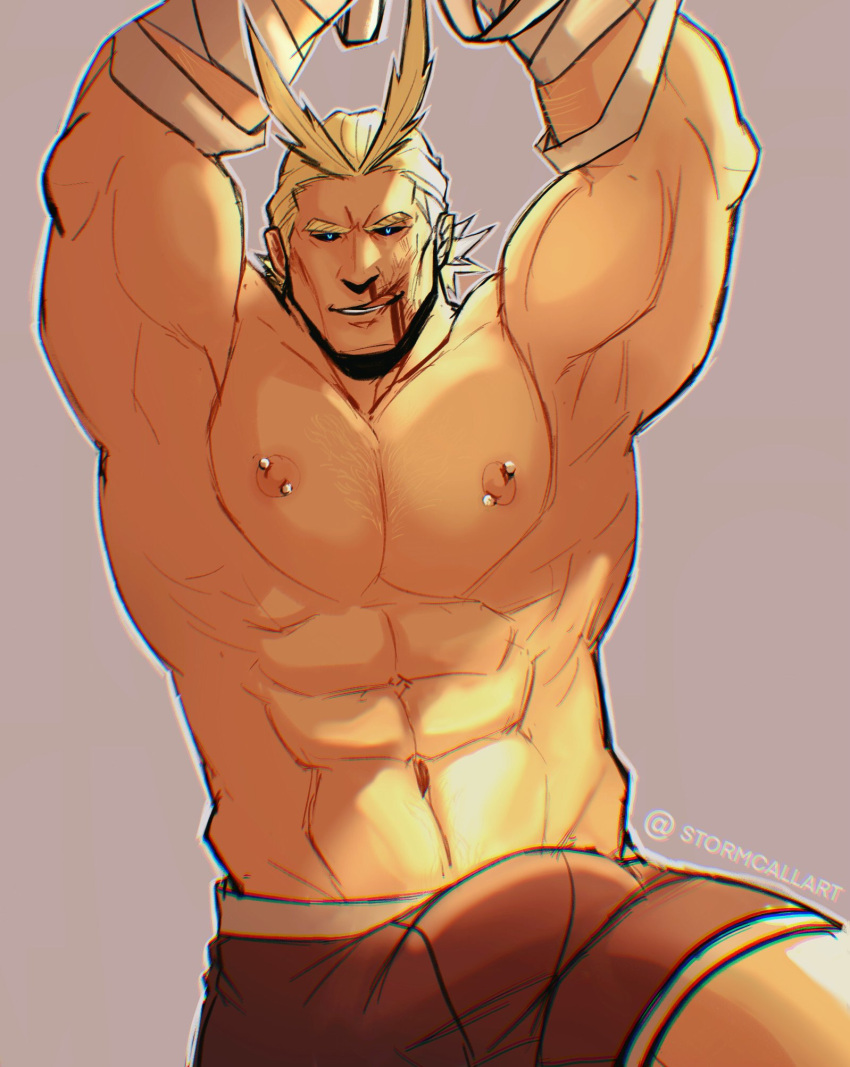 1boy abs all_might antenna_hair armpits bandages bara blonde_hair blood boku_no_hero_academia boxers bulge erection erection_under_clothes glowing glowing_eyes hair_slicked_back highres large_pectorals male_focus male_underwear mature_male muscular muscular_male navel nipple_piercing nipples nosebleed piercing red_male_underwear short_hair solo stomach stormcallart thick_thighs thighs underwear underwear_only