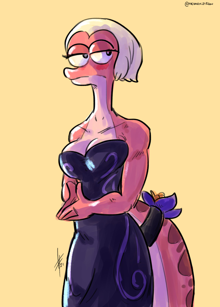 2021 amphibia_(series) amphibian anthro breasts classy cleavage clothed clothing disney dress female hair_down hi_res newt red_body salamander_(amphibian) simple_background solo thedarkzircon yellow_background yunnan