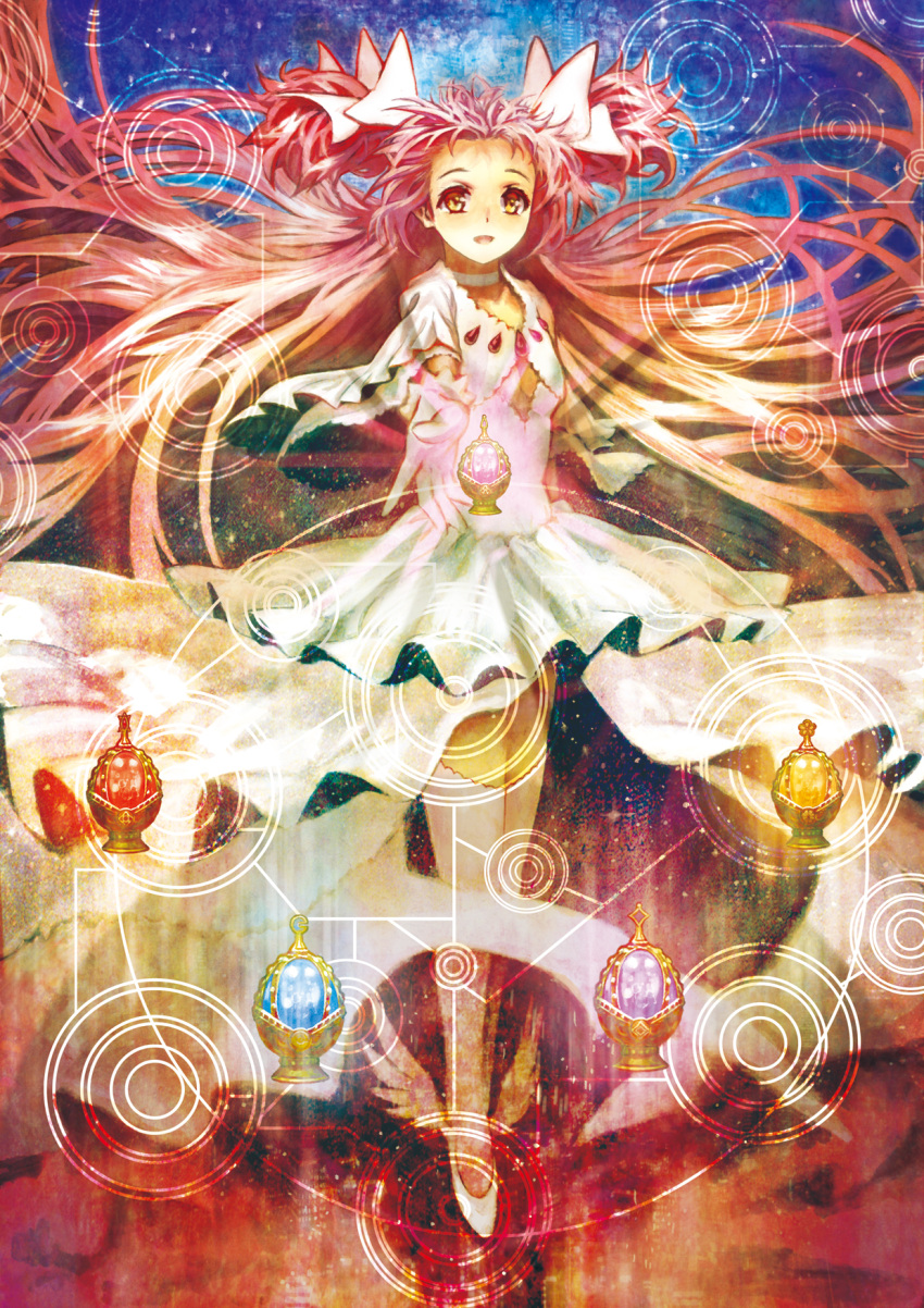 1girl arm_at_side breasts choker cleavage cleavage_cutout clothing_cutout collarbone dot_nose dress floating_hair full_body gloves glowing hair_ribbon happy highres kaname_madoka layered_dress layered_sleeves legs_together light_particles light_rays light_smile long_dress long_hair looking_at_viewer magic_circle mahou_shoujo_madoka_magica messy_hair outstretched_hand parted_lips pink_hair pink_theme ribbon saraoku-san small_breasts solo soul_gem tareme thighhighs two_side_up ultimate_madoka very_long_hair white_choker white_dress white_footwear white_gloves white_neckwear white_ribbon wide_sleeves winged_footwear yellow_eyes zettai_ryouiki