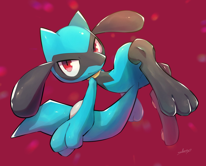 absurdres closed_mouth commentary full_body gen_4_pokemon highres looking_at_viewer nullma pokemon pokemon_(creature) red_background red_eyes riolu shiny signature solo toes