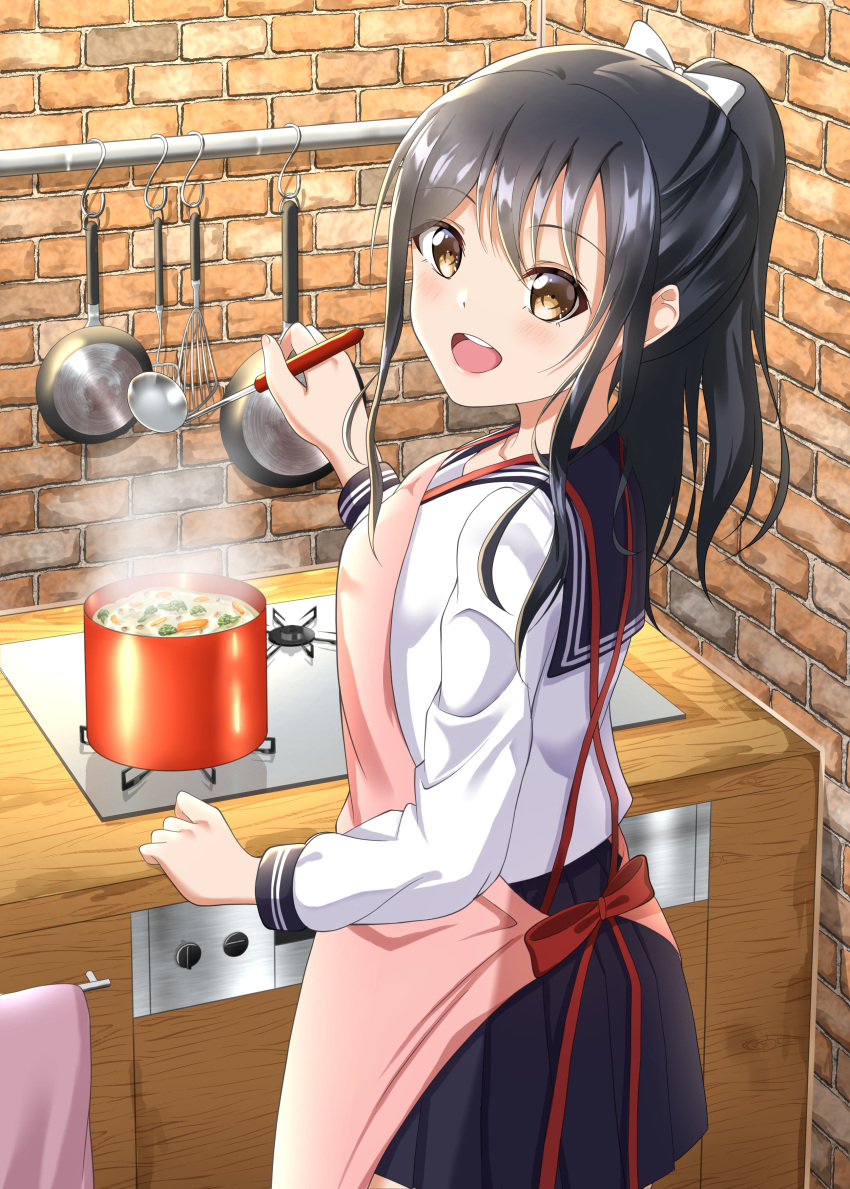 1girl :d absurdres apron bangs black_hair blue_collar blue_skirt brick brown_eyes collar cooking feet from_behind frying_pan hair_between_eyes hair_ribbon high_ponytail highres holding holding_ladle hominotsu indoors kitchen ladle long_hair looking_at_viewer looking_back mixer_(cooking) open_mouth original pink_apron ponytail pot ribbon sailor_collar school_uniform shirt skirt smile solo stove swimsuit upper_teeth white_ribbon white_shirt