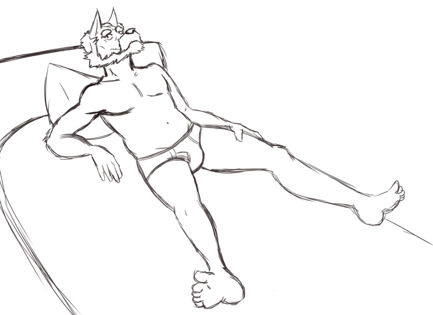 age_difference anthro barefoot beard bed black_and_white briefs bulge canid canine canis clothed clothing facial_hair furniture male mammal monochrome mustache navel older_male pillow simple_background sketch smile solo thegreatmatsutzu topless underwear white_background wolf