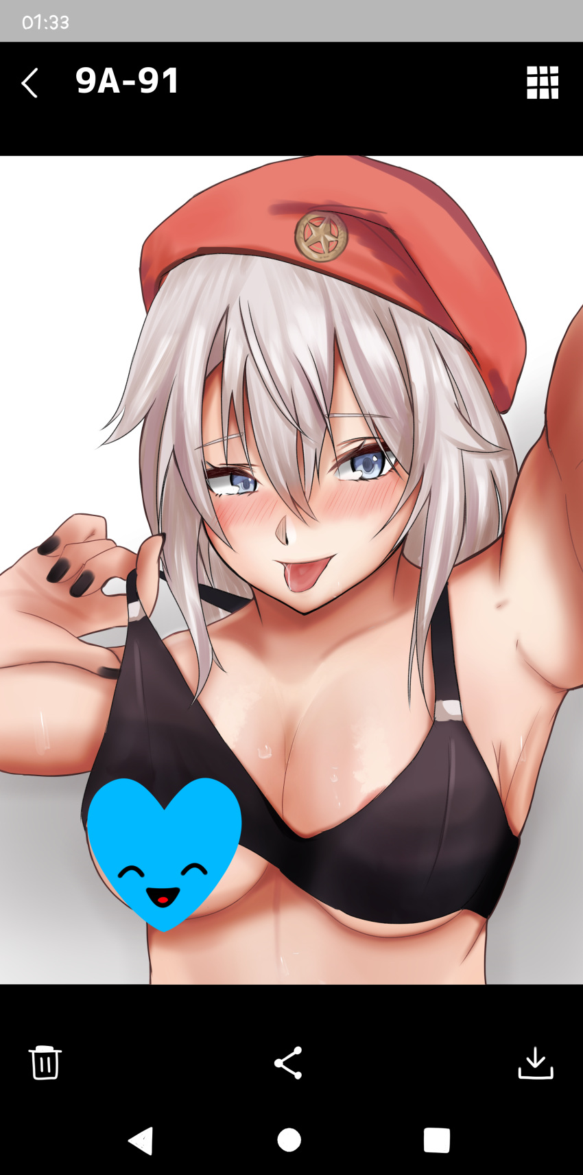 1girl 9a-91_(girls_frontline) absurdres beret black_nails black_sports_bra blue_eyes blush bra bra_lift breasts cellphone censored character_name cleavage covered_nipples eyebrows_visible_through_hair girls_frontline hat highres holding holding_bra holding_clothes holding_phone holding_underwear long_hair looking_at_viewer medium_breasts nail_polish phone phone_screen red_headwear screen silver_hair simple_background smartphone solo sports_bra taishi_karibe tongue tongue_out underwear