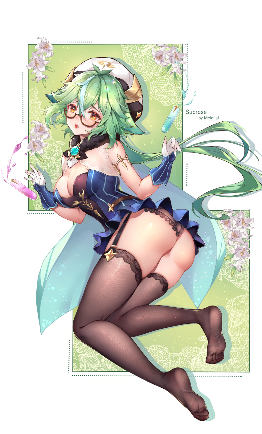 animal_ears ass feet genshin_impact megane melailai no_bra pantsu skirt_lift stockings sucrose_(genshin_impact) thighhighs thong transparent_png