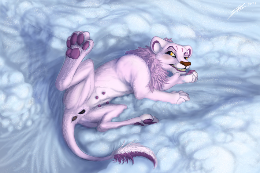 anatomically_correct anatomically_correct_anus anatomically_correct_genitalia anatomically_correct_pussy anus blush butt claws detailed_background digital_media_(artwork) felid female fur genitals hi_res laying_on_ground lineless lion looking_at_viewer mammal mane nude orange_eyes pantherine pawpads pink_body pink_fur pinup pose presenting presenting_anus presenting_hindquarters presenting_pussy purple_claws pussy raised_leg raised_tail smile snow solo soulgryph spread_legs spreading tulia_(soulgryph)