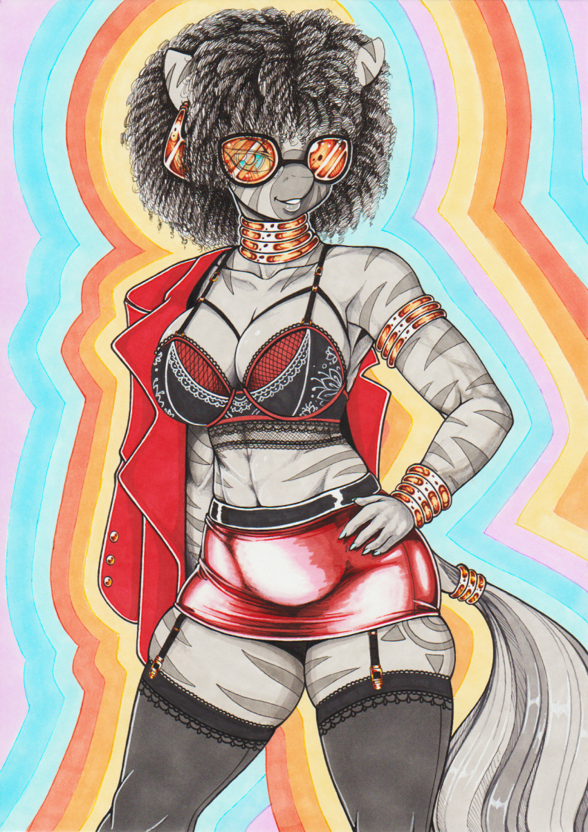 5_fingers absolute_territory afro anthro anthrofied black_hair bottomwear bra bracelet breasts cleavage clothed clothing colorful colorful_background ear_piercing equid equine eyewear fingers friendship_is_magic fur garter_straps grey_body grey_fur hair hand_on_hip hasbro hi_res jacket jewelry legwear longinius looking_at_viewer mammal miniskirt my_little_pony navel neck_ring piercing skirt solo squish stockings striped_body striped_fur stripes sunglasses thigh_highs thigh_squish topwear underwear zebra zecora_(mlp)