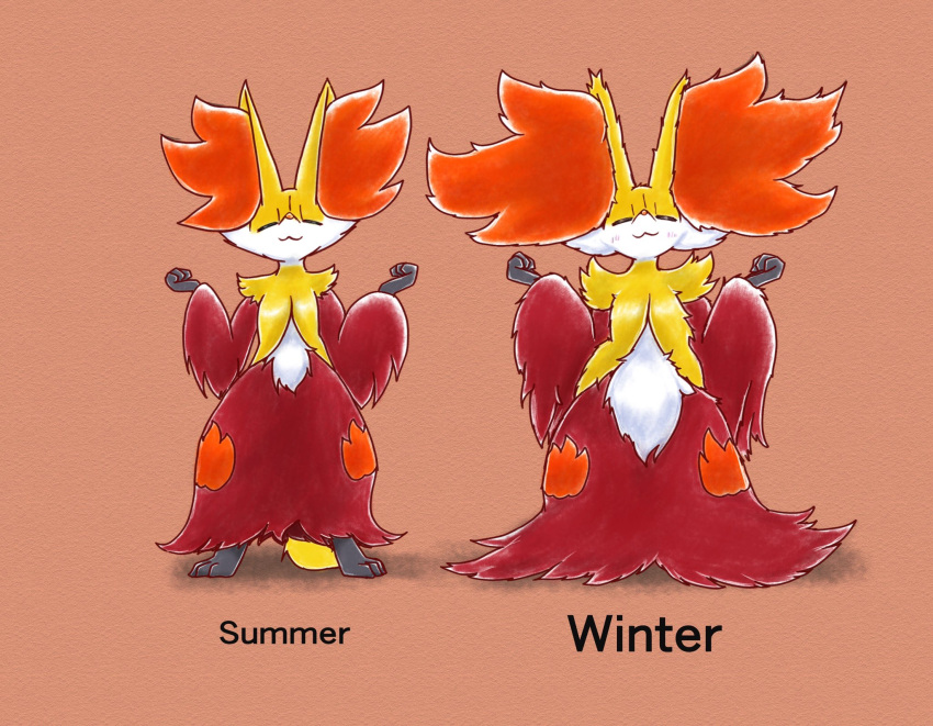 ambiguous_gender anthro before_and_after biped black_body black_fur brown_background canid canine cheek_tuft delphox digitigrade eiroru english_text eyes_closed facial_tuft fluffy fur hi_res inner_ear_fluff mammal nintendo pok&eacute;mon pok&eacute;mon_(species) poof red_body red_fur simple_background smile solo standing text tuft urorie4‬ video_games white_body white_fur yellow_body yellow_fur