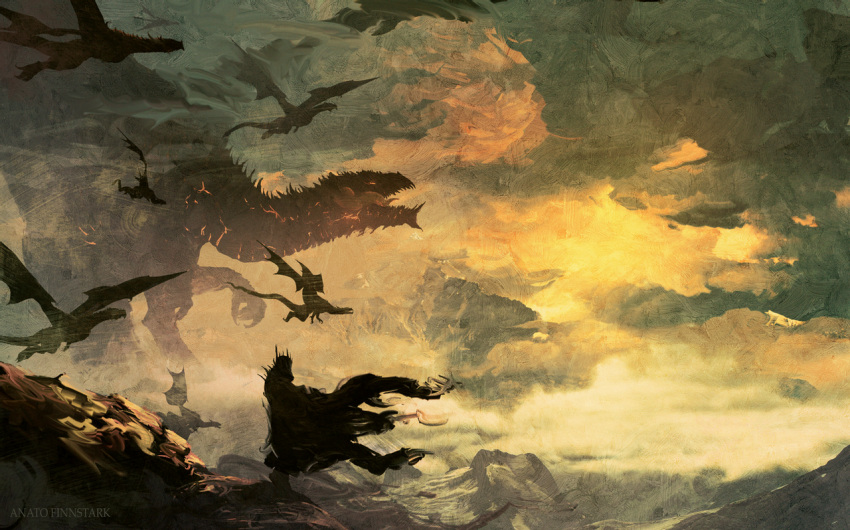 1boy anatofinnstark ancalagon artist_name blurry blurry_background cloak cloud cloudy_sky dragon fantasy from_side helm helmet lord_of_the_rings monster morgoth open_mouth scenery sharp_teeth sky standing teeth tongue tongue_out torn_cloak torn_clothes wings