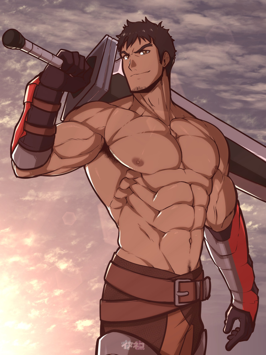 1boy abs absurdres bara belt biceps black_hair brown_belt brown_eyes brown_pants character_request dark_skin dark_skinned_male dota:dragon's_blood facial_hair goatee head_tilt highres holding holding_sword holding_weapon inunekostudio large_pectorals long_sword male_focus mature_male muscular muscular_male navel navel_hair nipples over_shoulder pants shirtless short_hair sideburns smile solo stomach stubble sword veins weapon weapon_over_shoulder