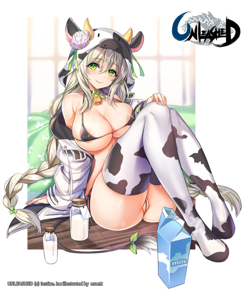 1girl absurdres animal_print areola_slip areolae arm_support ass bare_shoulders bell bikini black_bikini black_choker blanket bottle braid breasts choker cleavage cow_hood cow_print cow_tail cowbell green_eyes highres jacket knees_up large_breasts long_hair long_sleeves looking_at_viewer maett micro_bikini milk_bottle milk_carton off_shoulder official_art open_clothes open_jacket partially_visible_vulva ribbon silver_hair sitting skindentation smile solo string_bikini swimsuit tail tail_ornament tail_ribbon thighhighs thighs twin_braids unleashed very_long_hair watermark white_background white_jacket white_legwear