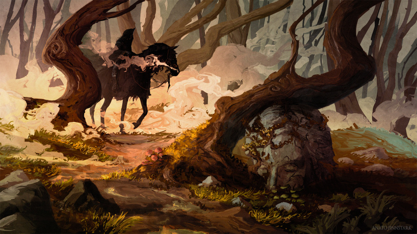 1boy anatofinnstark armored_boots artist_name bare_tree black_cloak boots cloak crown english_commentary fog forest grass highres hood hooded_cloak horse lord_of_the_rings nature nazgul outdoors red_eyes riding scenery sitting solo tree