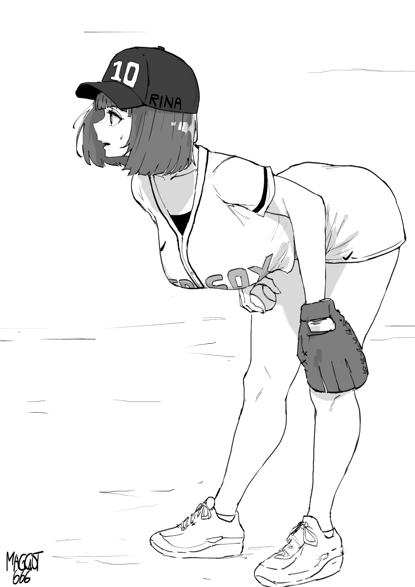 1girl absurdres ankle_socks ball bangs baseball baseball_cap baseball_jersey baseball_mitt baseball_uniform bent_over blunt_bangs borrowed_character breasts character_name clothes_writing full_body greyscale hat highres holding holding_ball huge_breasts monochrome nike norman_maggot original rina_atherina shoes short_hair sneakers solo sportswear