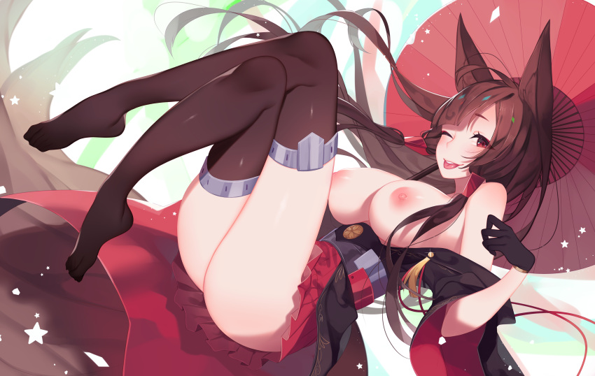 akagi_(azur_lane) animal_ears anthropomorphism azur_lane barefoot breasts brown_hair foxgirl japanese_clothes long_hair multiple_tails nanoless nipples no_bra nopan red_eyes tail thighhighs umbrella