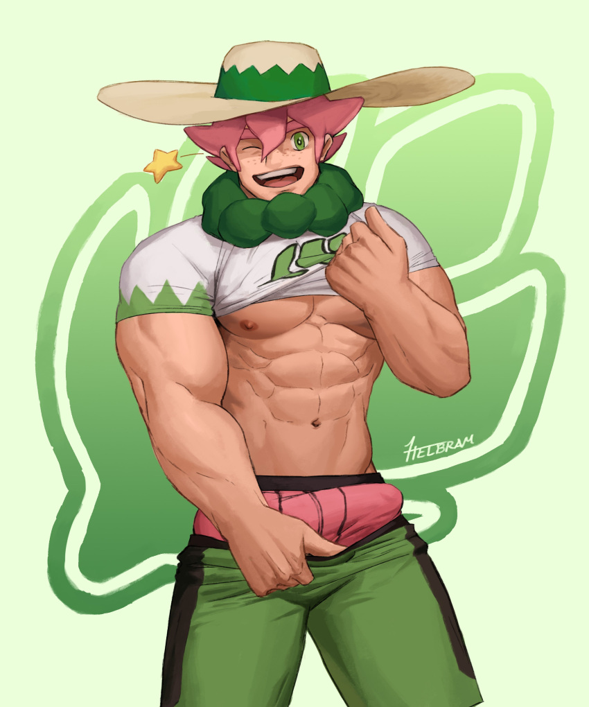 1boy abs absurdres bara bare_pecs beige_headwear boxers bulge erection erection_under_clothes feet_out_of_frame freckles green_eyes green_shorts gym_leader hat highres lifted_by_self looking_at_viewer male_focus male_underwear milo_(pokemon) muscular muscular_male navel nipples pectorals pink_hair pink_male_underwear pokemon pokemon_(game) pokemon_swsh reward_available shirt shirt_lift short_hair short_sleeves shorts smile solo sparkle stomach sun_hat underwear white_shirt whyhelbram