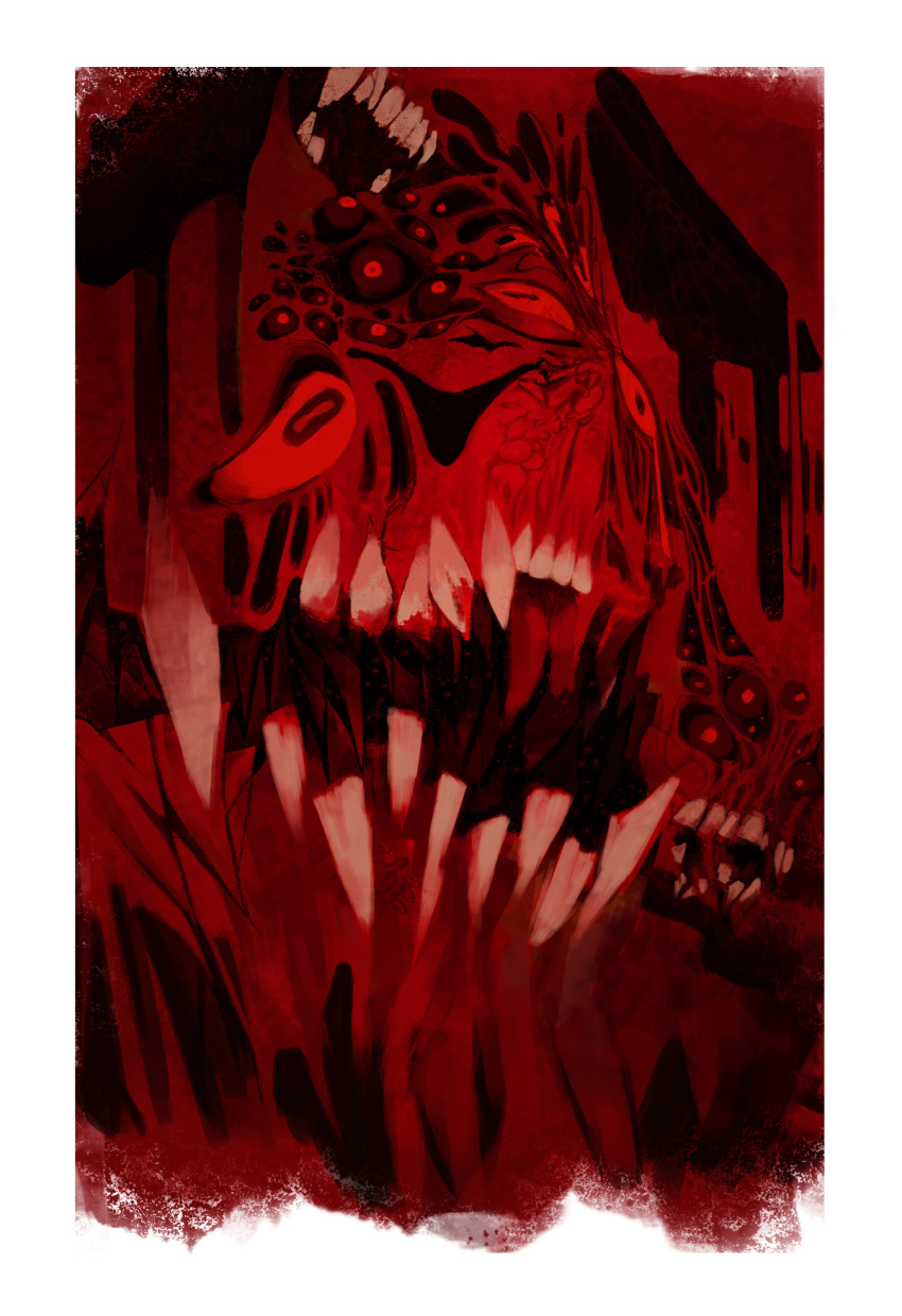 azelweien blood bloody_teeth colored_sclera extra_eyes highres horizontal_pupils horror_(theme) monster no_humans open_mouth original red_eyes red_sclera red_theme tears teeth veins