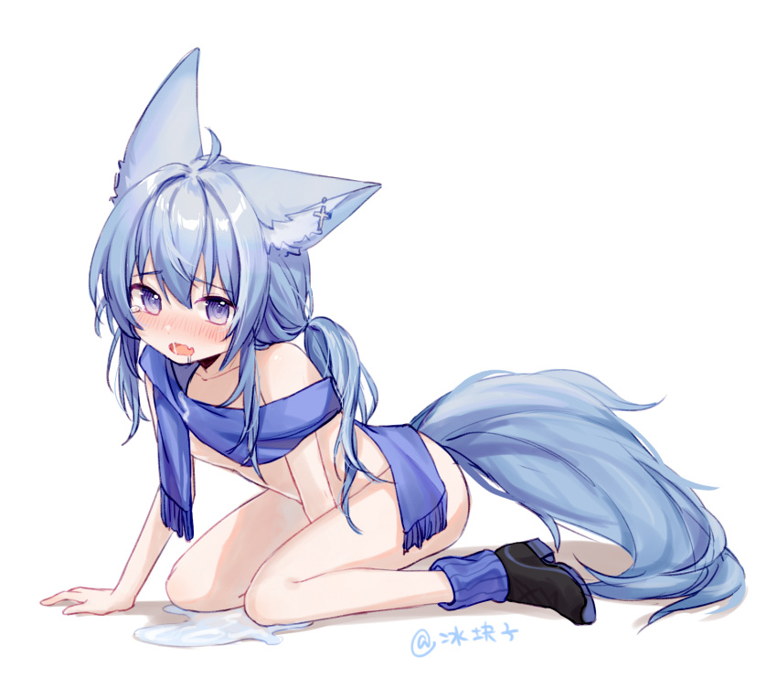 1girl animal_ear_fluff animal_ears between_legs blue_hair blue_scarf blush embarrassed fang fox_ears fox_tail full_body hand_between_legs highres long_hair miyayoki naked_scarf nose_blush original puddle scarf sitting skin_fang tail tears wariza