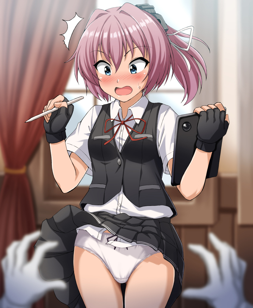 1boy 1girl ^^^ absurdres black_gloves black_skirt black_vest blue_eyes blurry commentary_request cowboy_shot depth_of_field dress_shirt fingerless_gloves gloves hair_ribbon highres kantai_collection neck_ribbon open_mouth panties pantyshot pink_hair pleated_skirt pov red_ribbon remodel_(kantai_collection) ribbon school_uniform shiranui_(kancolle) shirt short_sleeves skirt skirt_flip skirt_lift solo_focus standing stylus tablet_pc underwear vest white_panties white_ribbon white_shirt window_curtain zanntetu