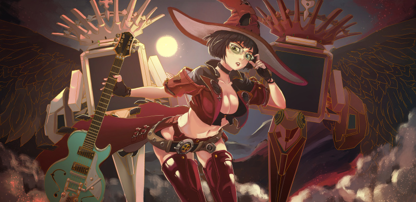 1girl absurdres belt black_choker black_gloves black_hair boots choker electric_guitar fingerless_gloves gloves guilty_gear guilty_gear_strive guitar hat highres huge_filesize i-no instrument jacket midriff red_headwear red_jacket red_legwear sergio_nhur short_hair sunglasses thigh_boots thighhighs witch_hat