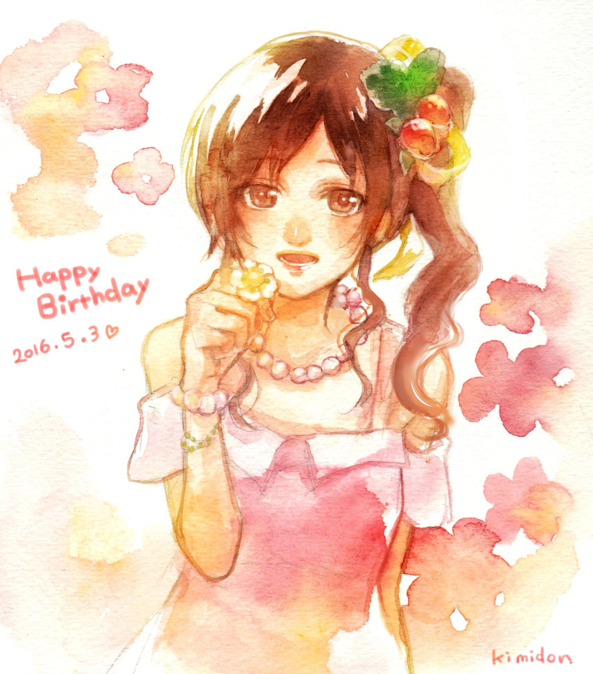 1girl bracelet brown_eyes brown_hair dated flower happy_birthday highres jewelry katekyo_hitman_reborn! kimidori_(kimidoriri) long_hair miura_haru necklace side_ponytail solo traditional_media watercolor_(medium) wavy_hair