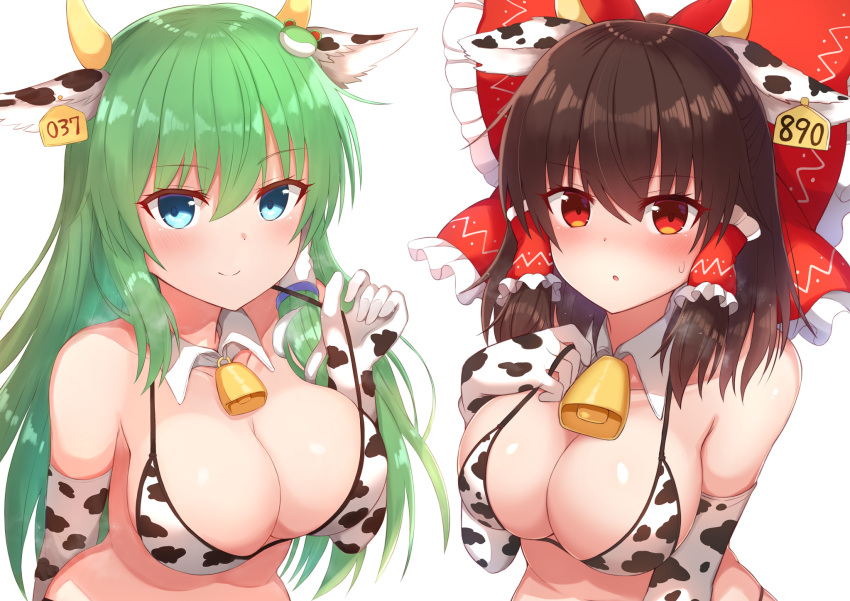 2girls :o animal_ears animal_print bangs bare_shoulders bell bikini blue_eyes blush bow breasts brown_hair cleavage closed_mouth collarbone commentary_request cow_ears cow_horns cow_print detached_collar ear_tag elbow_gloves eyebrows_visible_through_hair frilled_hair_tubes frills frog_hair_ornament gloves green_hair hair_between_eyes hair_bow hair_ornament hair_tubes hakurei_reimu highres horns kochiya_sanae large_breasts long_hair looking_at_viewer multiple_girls red_bow red_eyes sidelocks simple_background smile snake_hair_ornament strap_pull sweat swimsuit tksand touhou upper_body very_long_hair white_background white_gloves
